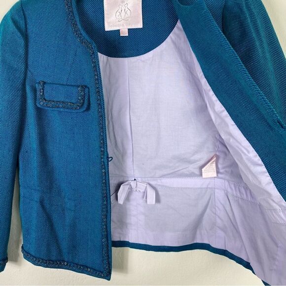 Rebecca Taylor Teal Silk Blend Tweed Chain Accent Blazer Jacket - Picture 6 of 9